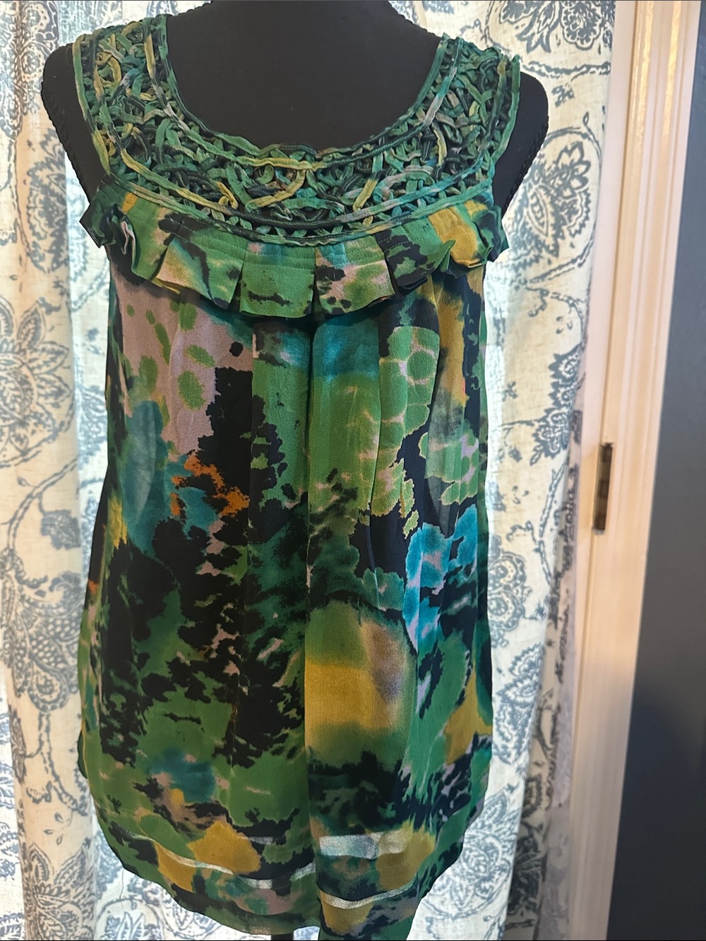 Odille Green Multicolor Floral-Print Sleeveless Camisole with Braided Yoke